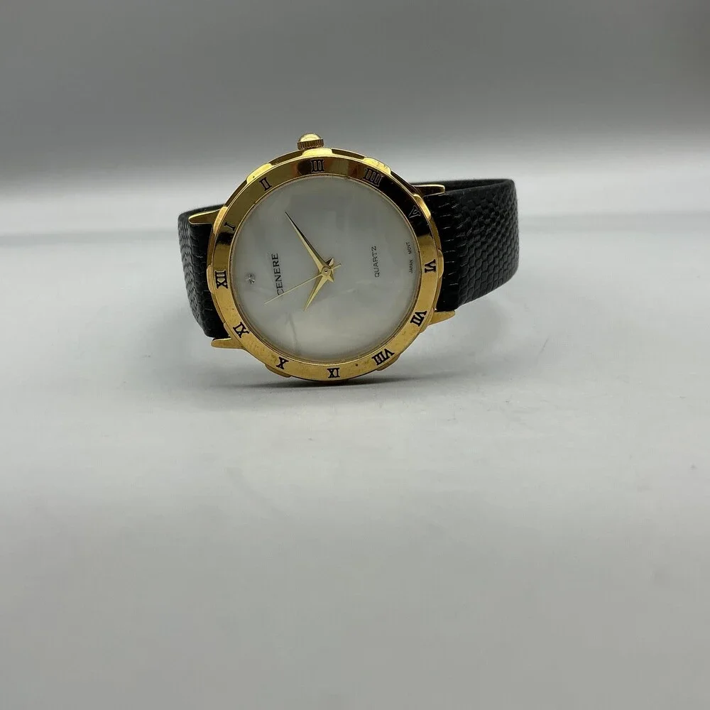 Cenere 822 Womens Watch 32mm MOP Dial Gold Tone Black Leather New Battery